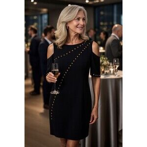 NWT.$1280 VERSACE COLLECTION cold shoulder Shift Dress Black Sz: M.US8. IT44